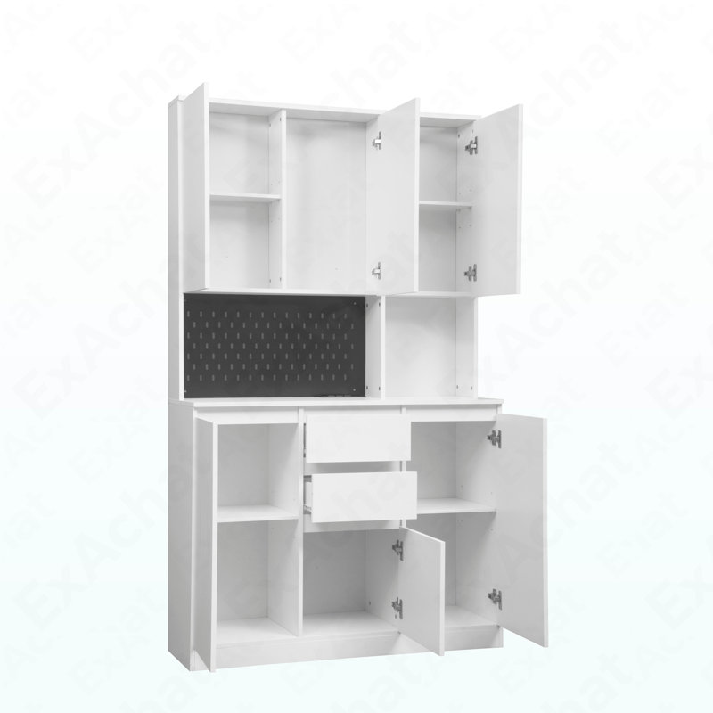 Buffet de cuisine moderne autoportant de 74 po avec station de charge et support pour micro-ondes, Blanc