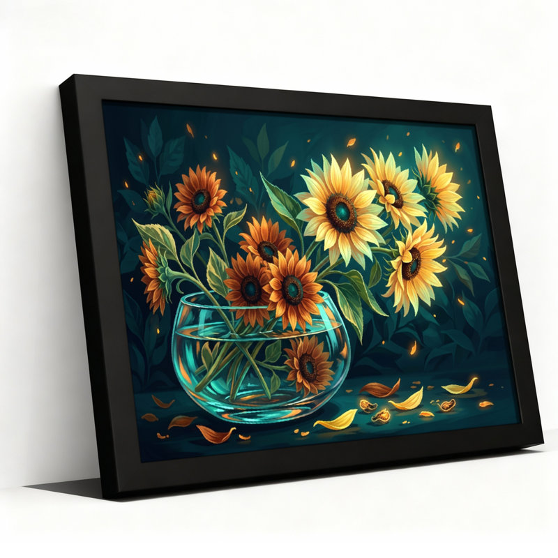 Toile noire encadrée en bois noir pour salon, chambre à coucher, bureau ou vestibule - décoration murale décorative avec vase en tournesol
