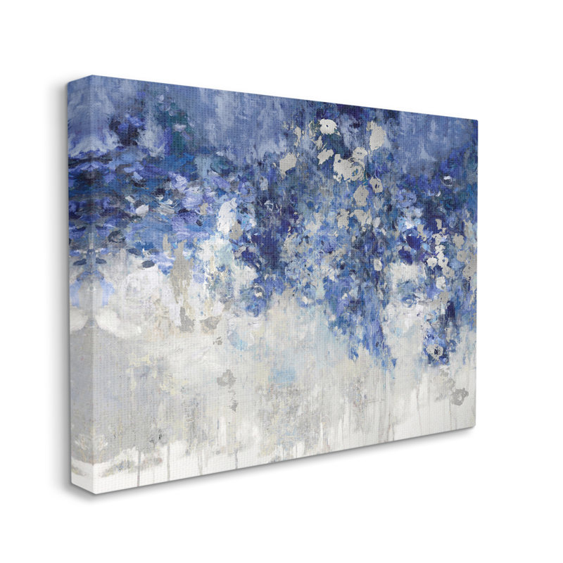 Fleurs bleues en cascade abstraites par Nikki Robbins - Peinture, Toile tendue, H 30 po x l 40 po