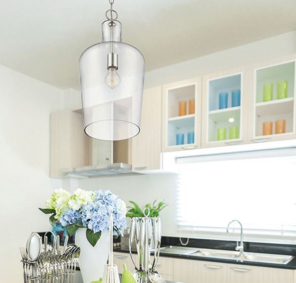Dori Dimmable Bell Single Light Pendant, Clear, Polished Nickel