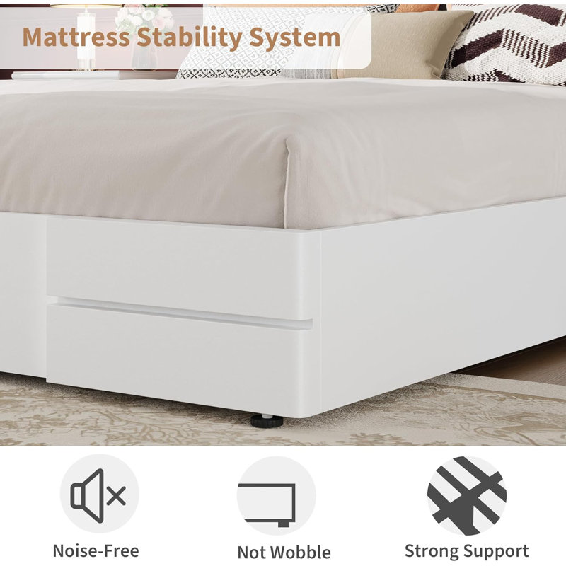 Full Size Upholstered Bed Frame,Wooden Bed Frame with Fabric Upholstered Headboard,No Box Spring Needed,Strong Wooden Slats,Easy Assembly,White