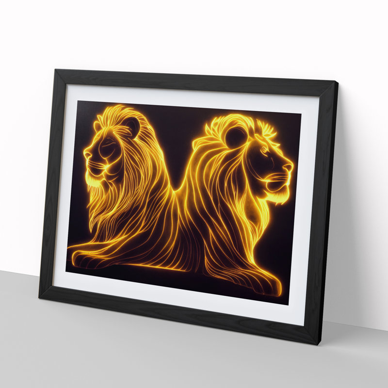 Flaming Lions Abstract - Single Picture Frame Print, 46cm H x 64cm W x 2cm D, Black Framed