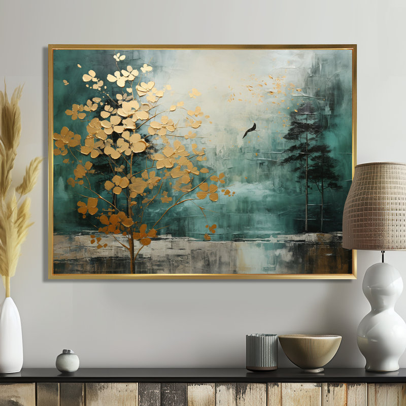 «Golden Emerald Forest - Abstract Spirals», art encadré, Cadre flottant doré, H 24 po x l 32 po