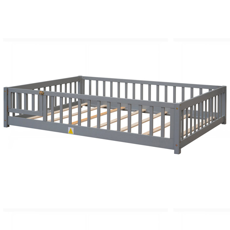 Lit plateforme au plancher avec clôture et porte, Double, gris