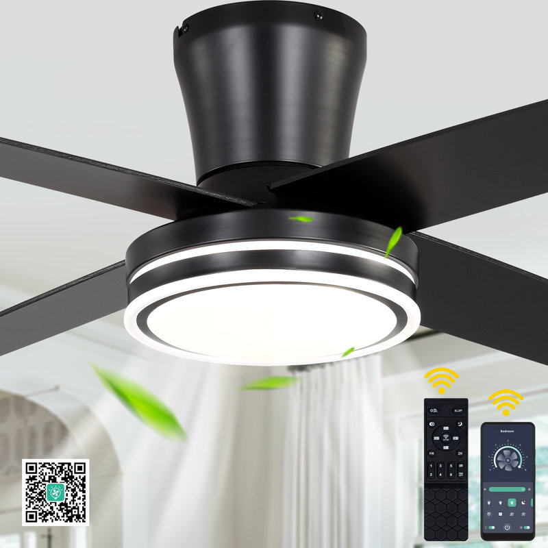 Ventilateur de plafond encastré noir intelligent de 44 pouces avec lumière, télécommande et commande APP, moteur à courant continu, ventilateur 6 vitesses réversible silencieux pour le salon de la chambre à coucher