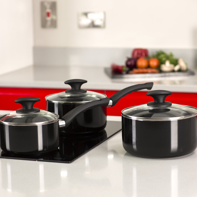 Tower T81507 Essentials Induction Pot Set, Non Stick Ceramic Coating, Easy to Clean, Dishwasher Safe, Black, 3 Piece, 16/18/20 cm