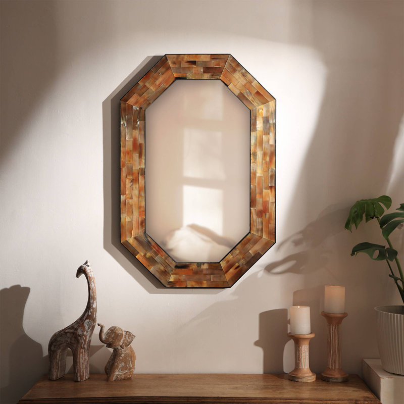 Wall Mirror | Decorative Framed Mirror | Brown Bone Inlay Hexagon Wall Mirror | 24x36 inches