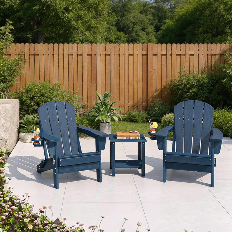 Folding Adirondack Chair Set of 2, with Cup Holder and Side Table, Navy