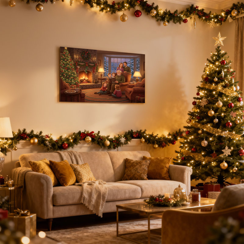 Ensemble de 3 impressions sur toile, arbre de Noël et cheminée, H 16 po x l 24 po