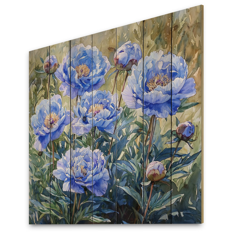 Blue Green Meadow Peonies - Peonies Wood Print - On Natural Pine Wood, 30" H x 30" W x 0.78" D
