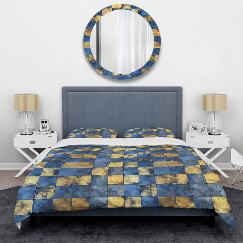 Ensemble de housse de couette tuiles dorées bleues cubes, Housse de couette pour grand lit + 2 taies décora