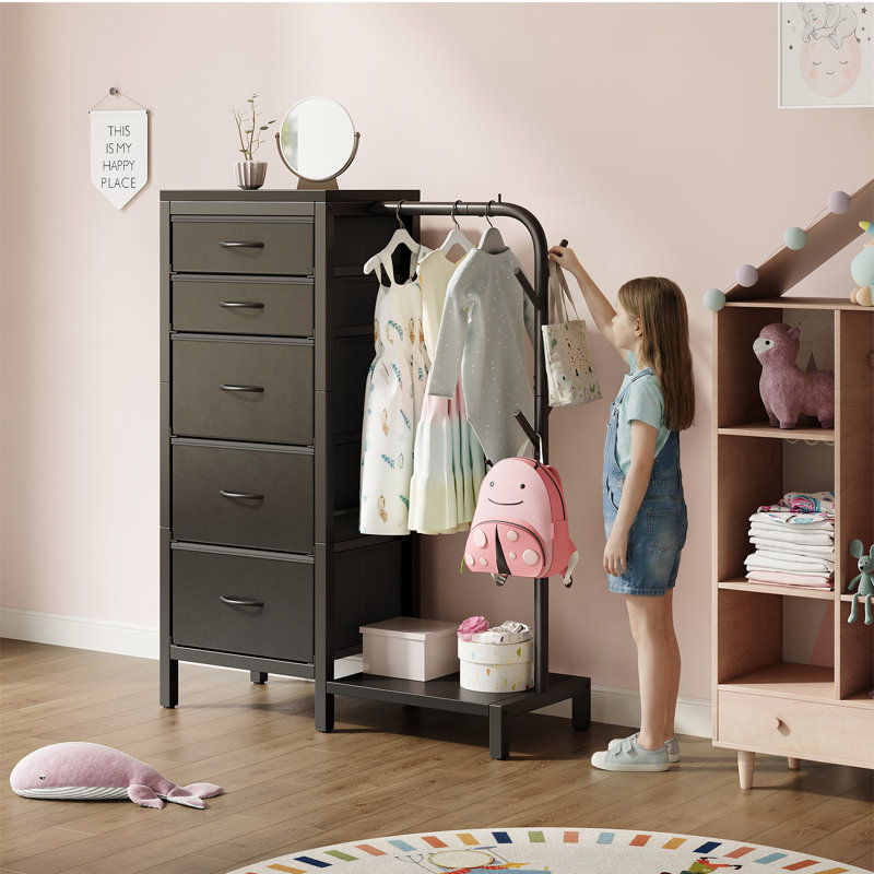 Dresser with Hanging Rack,Extra Large Capacity Drawers with Huge Storage Space, Reversible Dresser for Bedroom with 5 Fabric Drawers & 2 Coat Racks Small Dressers with Clothes Racks,Lockers,Storage Cabinets,Storage Bins,Wardrobe