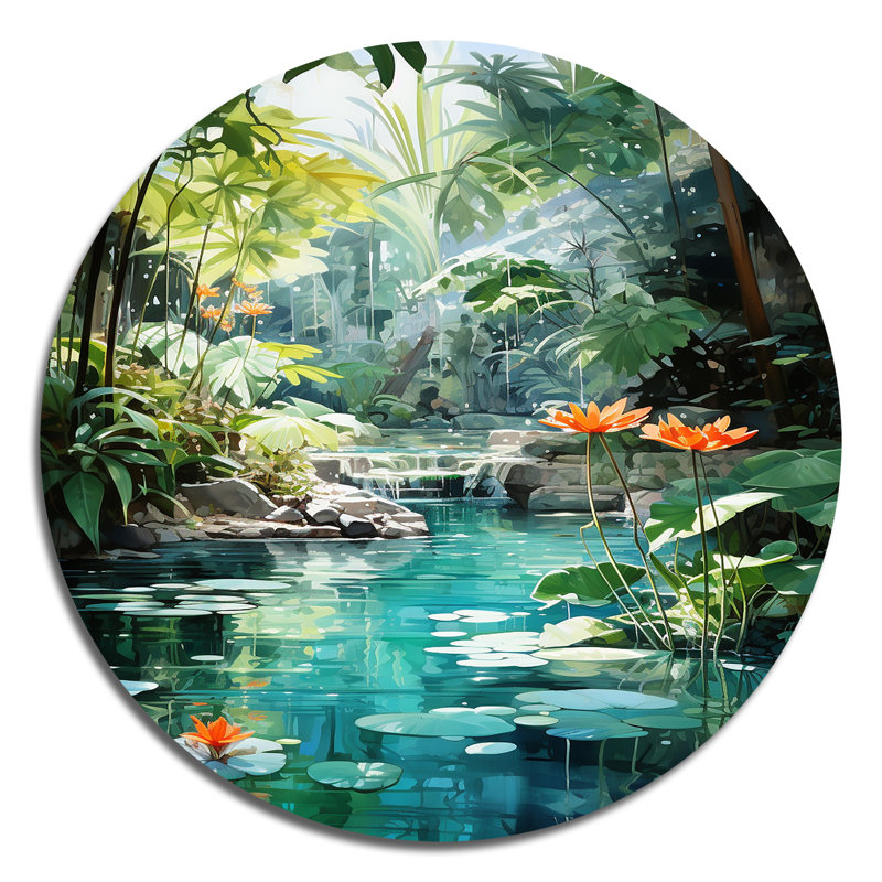 Emeraude oasis, paysage luxuriant - art rond en métal, H 29 po x l 29 po