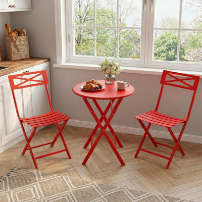 Space-Saving Folding Bistro Set - 3-Piece Iron Metal Patio Furniture with 2 Collapsible Chairs & Table - For Garden, Balcony, or Lawn - Color: Red