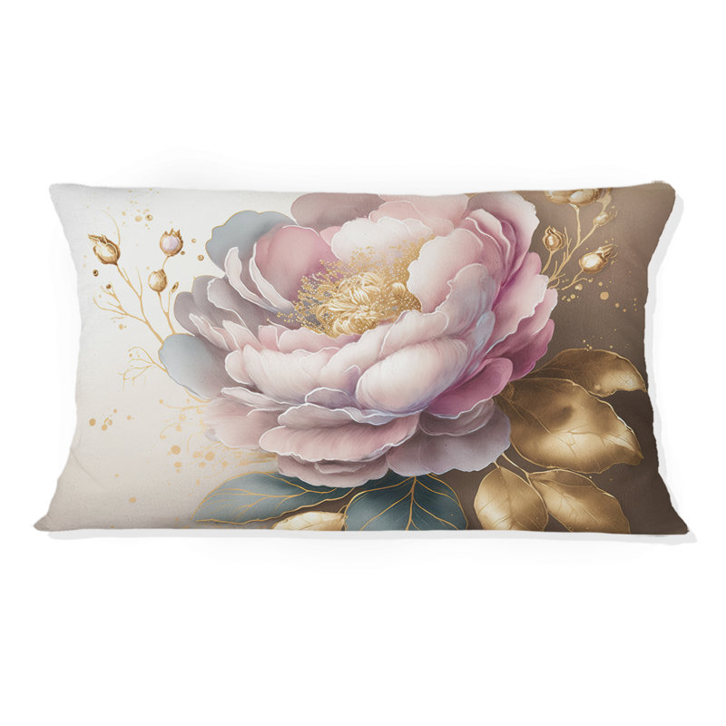 Coussin rose et doré Camellia II, H 12 po x l 20 po, Rectangulaire