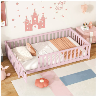 Twin Size Floor Bed with Fence and Door,Rubber Wood Floor Bed with Safety Guardrails,Pink