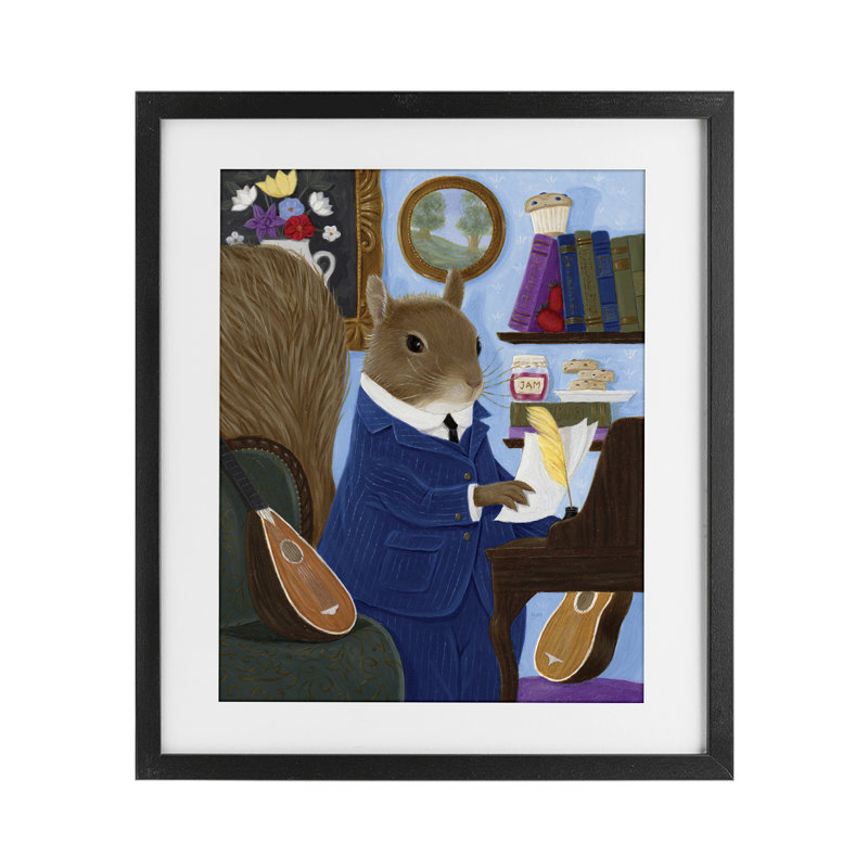 «Gentleman Squirrel Composer», reproduction d'art sous verre, conception de Gina Matarazzo, Cadre noir minuit sous verre