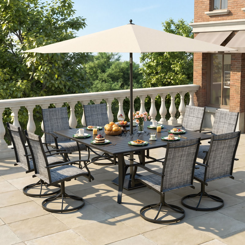 9-Piece Outdoor Patio Dining Set – Includes 8 Swivel Rocking Chairs and Square Metal Table with Umbrella Hole – Seats 8 for Backyard, Poolside, Balcony, and Garden Use, Gray