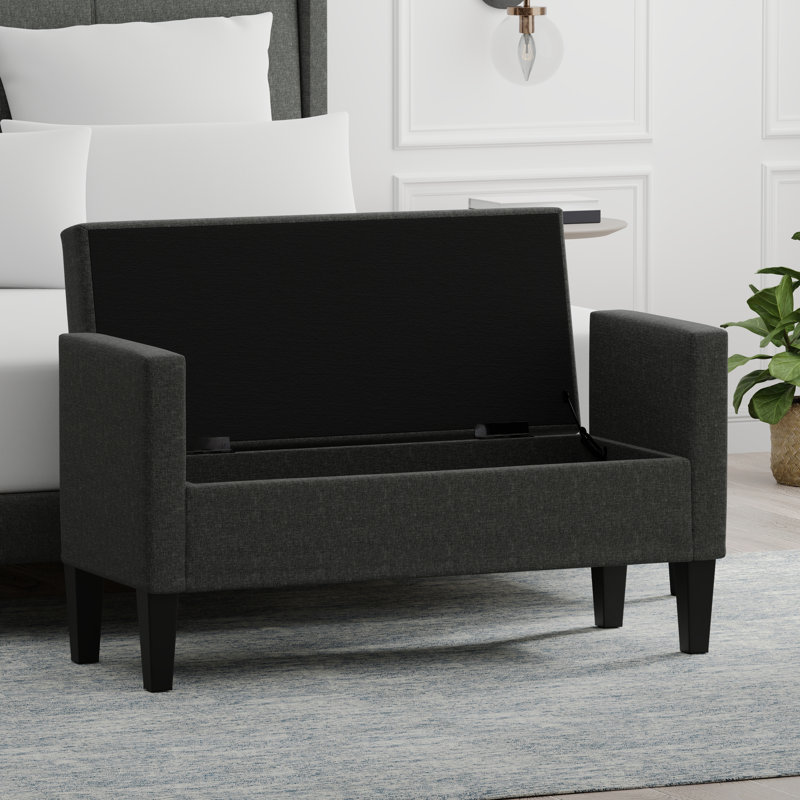 Banc de rangement à couvercle rabattable rembourré, Gris foncé, H 24 po x l 46,06 po x P 17,8 po