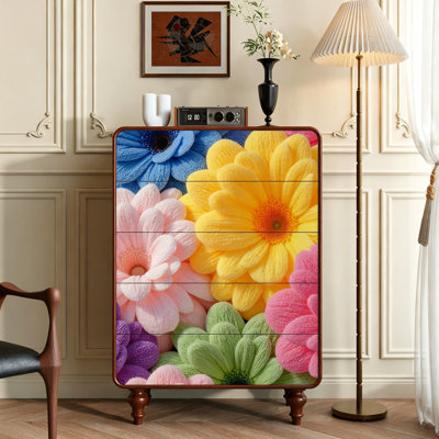 Commode 5 tiroirs en bois massif à décor coloré