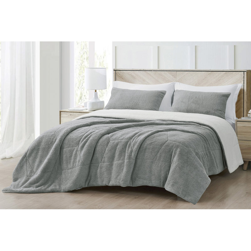 Double Sided Sherpa Reversible Comforter Set, Queen Comforter + 2 Standard Shams, Gray