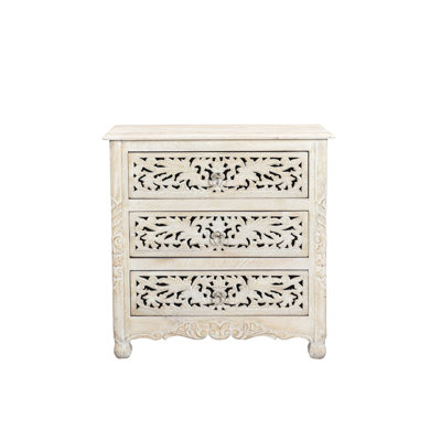 Table de chevet 30 po à trois tiroirs en bois massif blanc vieilli