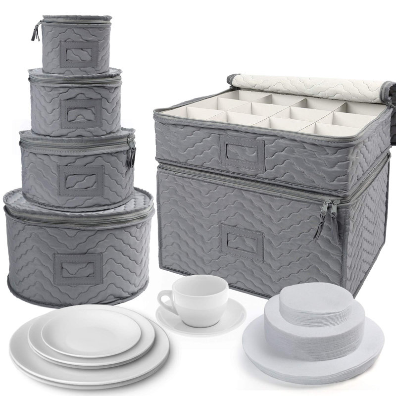 Storage Containers - Quilted 6-Piece Set Storage Box- Stores Chinaware, Stemware, Dinnerware,Grey