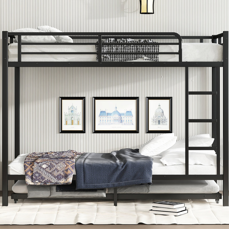 Black Twin Xl Over Metal Bunk Bed With Trundle - Heavy Duty Construction, Noise Assembly, Under Storage Function, Feature Strong And Stable, , Storage, Safe Sleep Environment