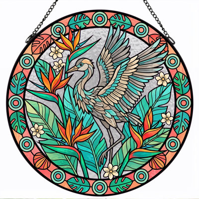Tropical Bird Stained Glass Window Panel，12"H