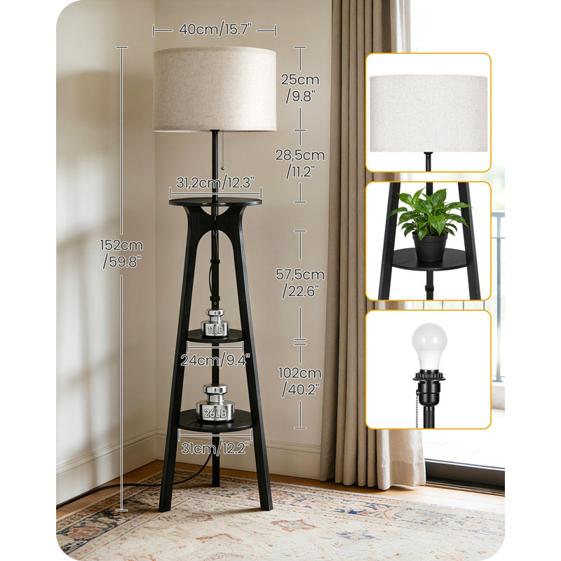 59.8'' Dimmable Tripod 3 Tier Shelf Floor Lamps LED Bulb Included, Black