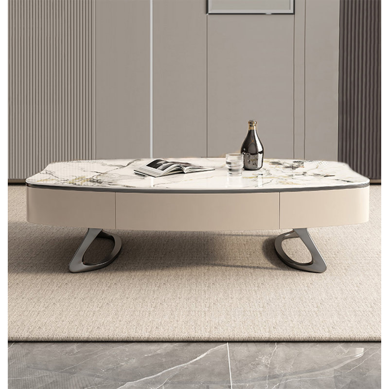 Modern irregular oval stone coffee table, 15.75" H x 47.24" L x 27.56" W