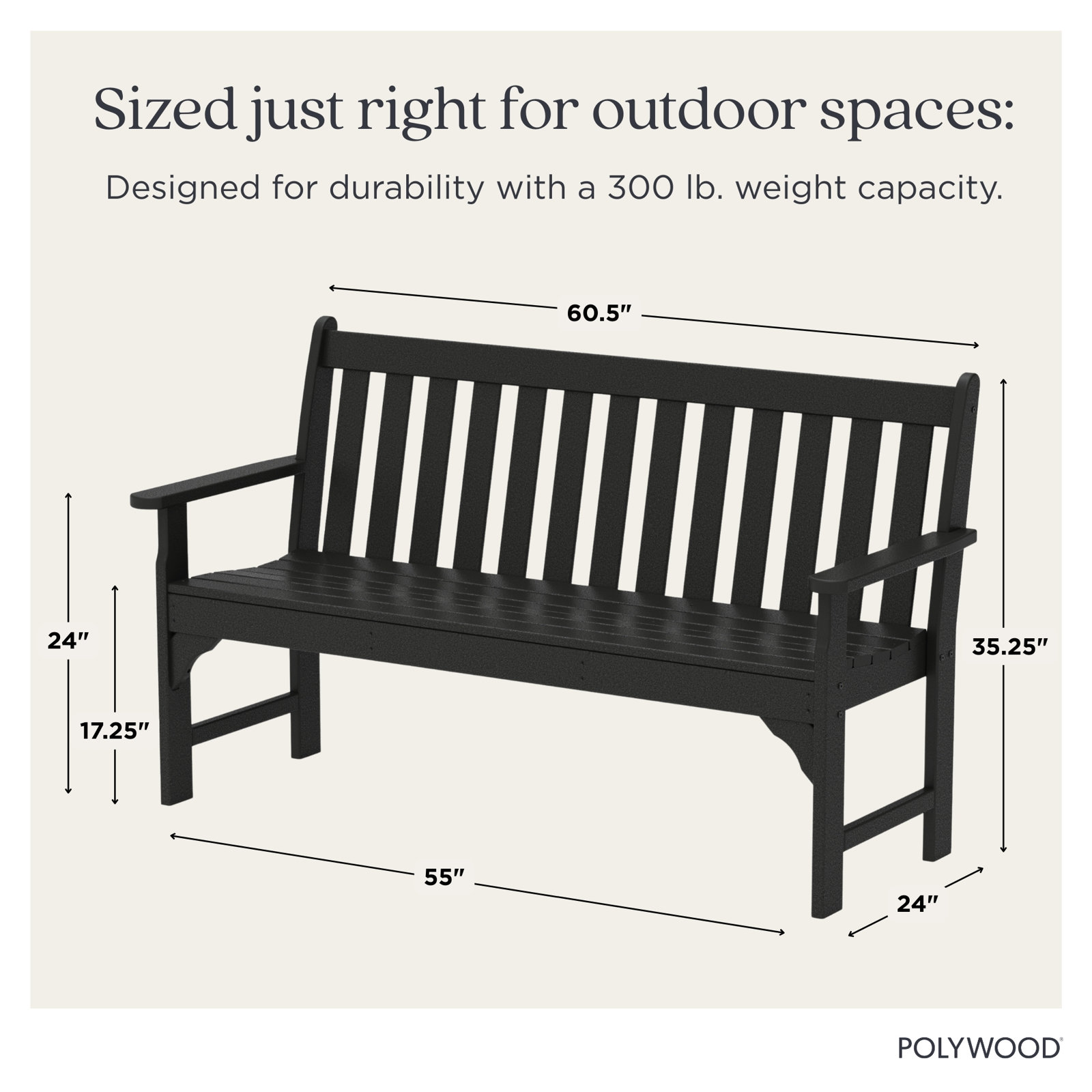 POLYWOOD Vineyard Patio Bench, 35.25" H x 60" W x 24" D, Black