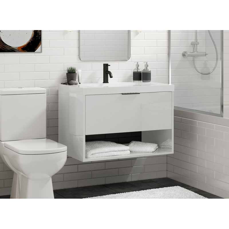 Modo 48" W Wall Mounted Single Bathroom Vanity, Glossy White/8" Widespread, Matte Black, White Acrylic