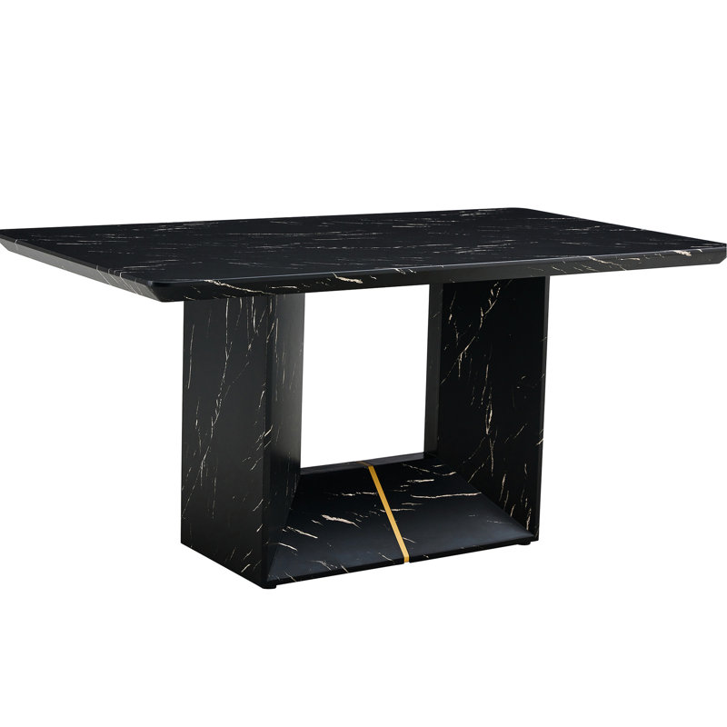 Table de salle à manger à motif de marbre noir 63 po x 35,4 po avec 4 chaises en tissu de lin gris - utilisation spacieuse et élégante de l'espace moderne