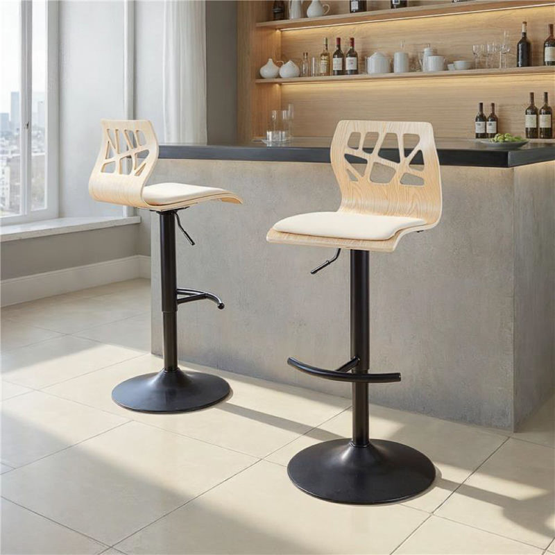 Tabourets ajustables avec repose-pieds arrondi Fayette, Noir, Similicuir crème / bois naturel