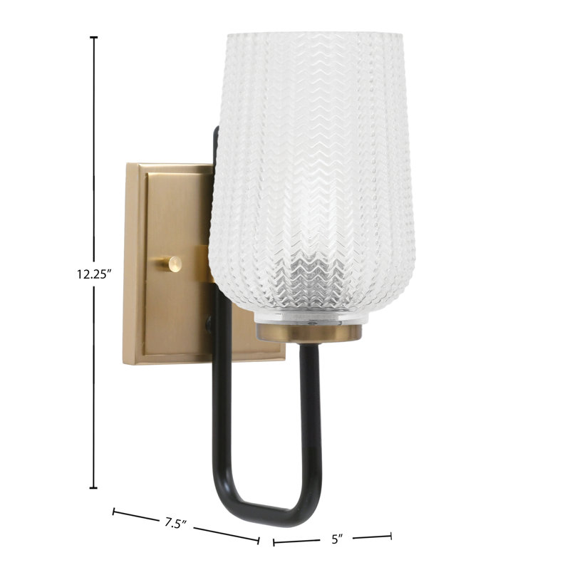 Amarmula 1 Light Wall Sconce, Matte Black & New Age Brass Finish, 5" Clear Textured Glass, Clear, Black/Brass