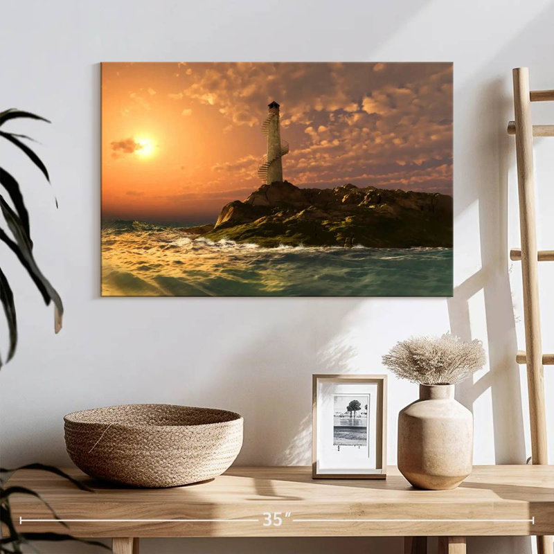 Coucher de soleil sur le phare côtier d'Aletra, H 16 po x l 24 po