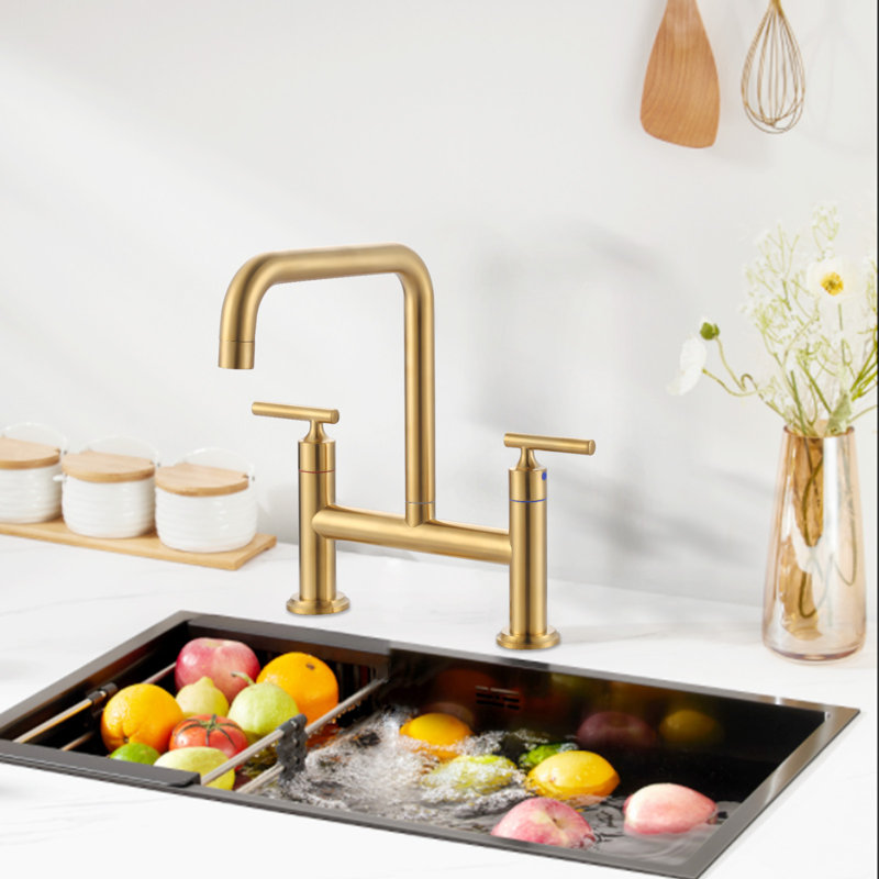 Double Handle 8 Inch Bridge Kitchen Faucet, High Arc Solid Brass 2-Hole Ktichen Faucet, Gold