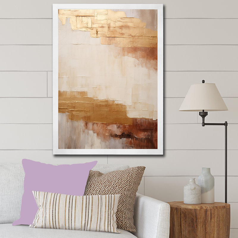Minimal or et beige abstrait rivière II, H 44 po x l 34 po x P 1,5 po, Cadre simple blanc