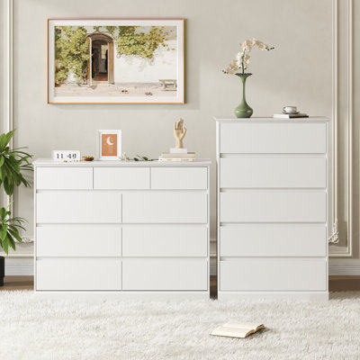 Eneas 2-piece Modern Minimalist Bedroom Set: 9-drawer Wide Dresser & 5-drawer Tall Chest