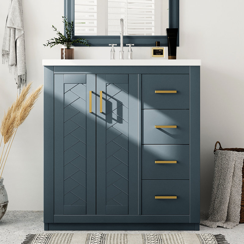 Meuble-lavabo de 30 po avec structure en bois massif, 3 tiroirs, poignée en métal exquise, portes de couleur bleue, glissière de tiroir lisse, motif de rainure unique
