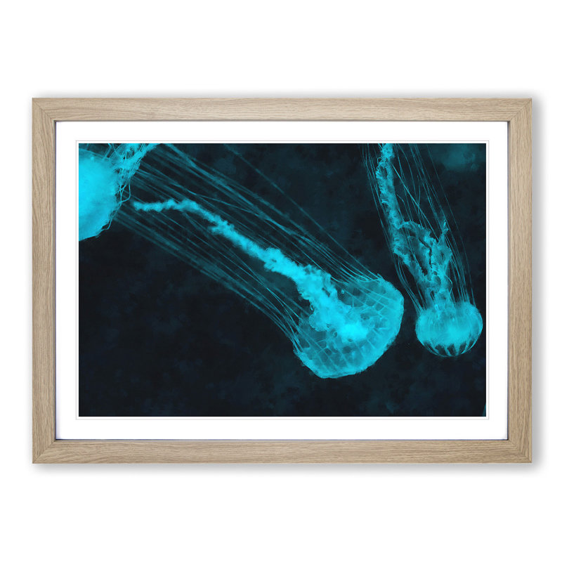 Neon Blue Jellyfish - Picture Frame Graphic Art Print, 24cm H x 33cm W x 2cm D, Oak Framed