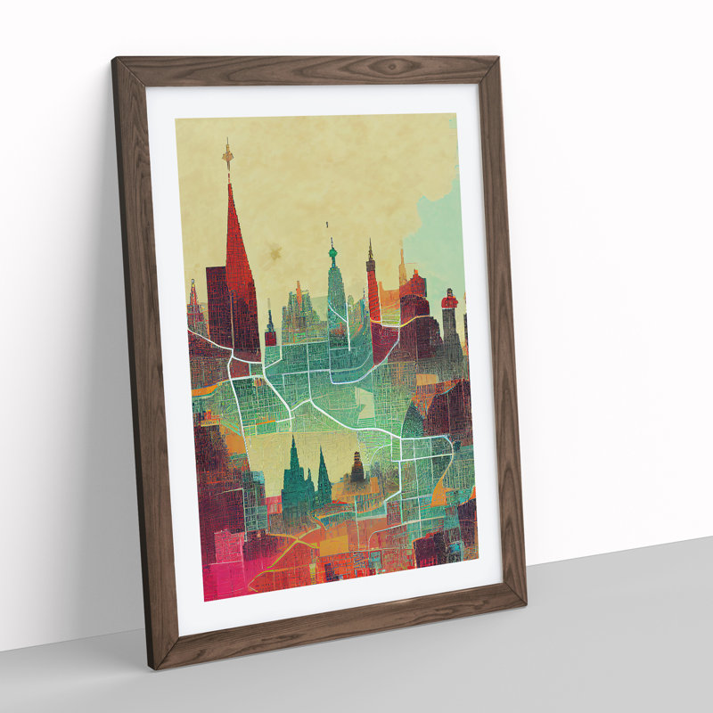 City Skyline Map No.1 - Single Picture Frame Painting, 64cm H x 46cm W x 2cm D, Walnut