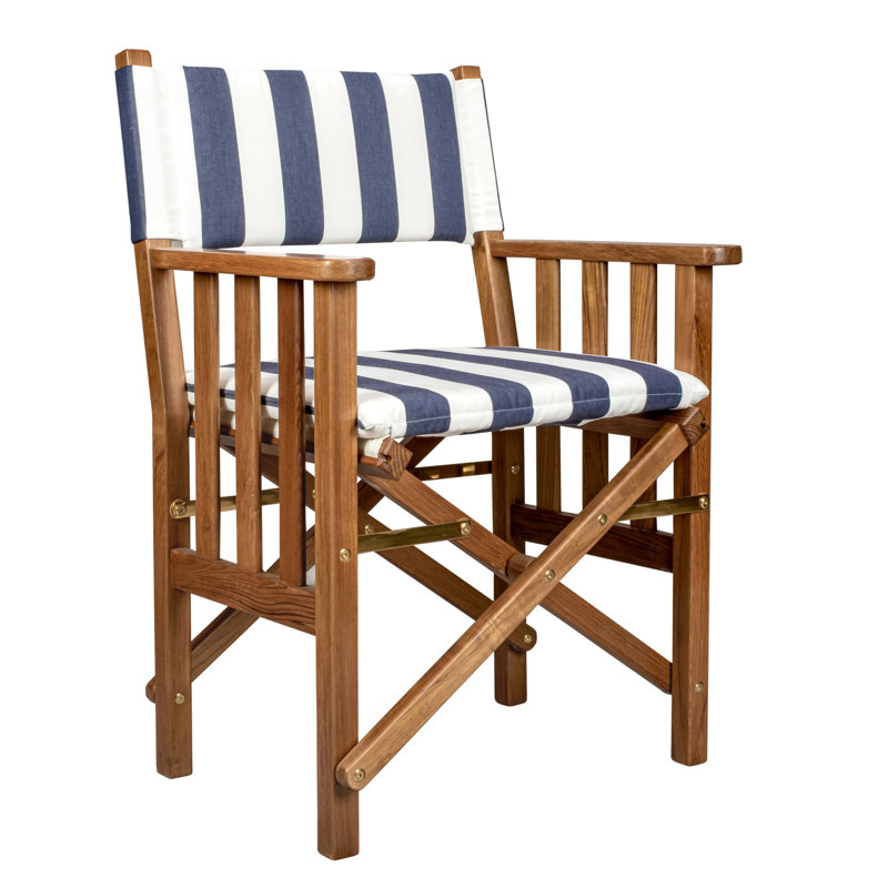 Chaise de réalisateur en bois massif bleu et blanc et brun avec coussin bleu et blanc