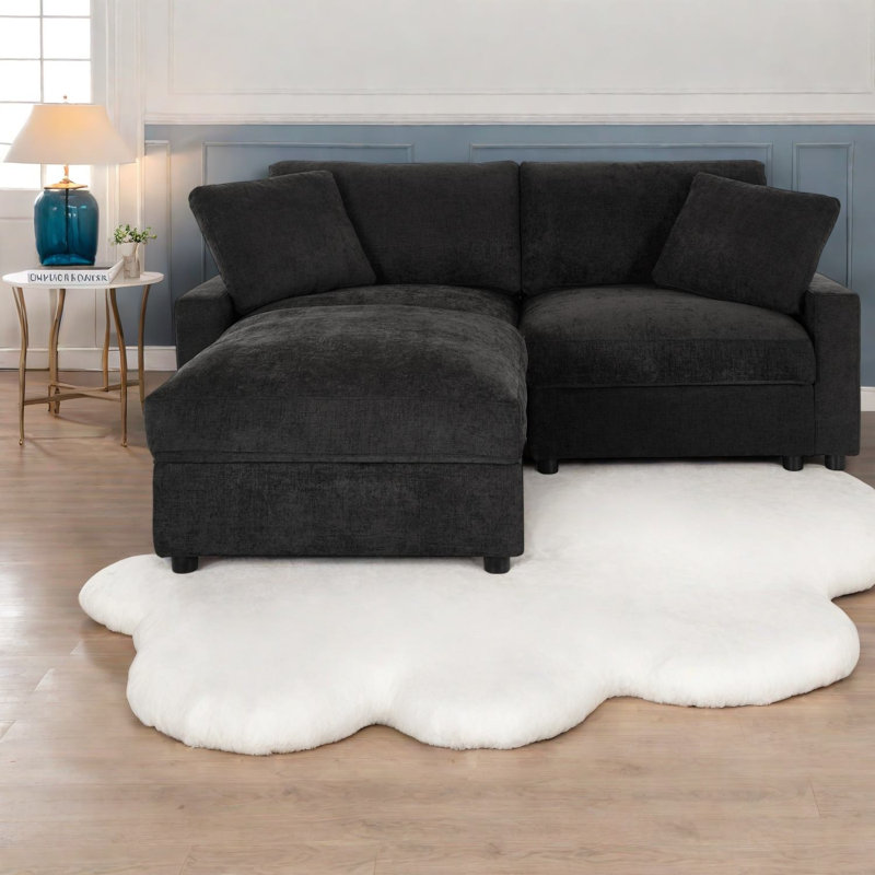 Modern Multifunctional Sectionals, Black Polyester Sofa With Storage For Compact Living Room
