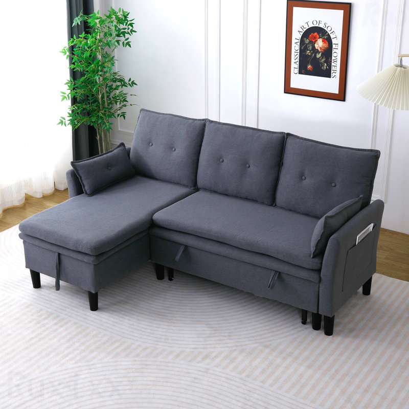 Canapé modulaire à méridienne réversible en L - Tissu en coton et lin, avec rangement, Gris