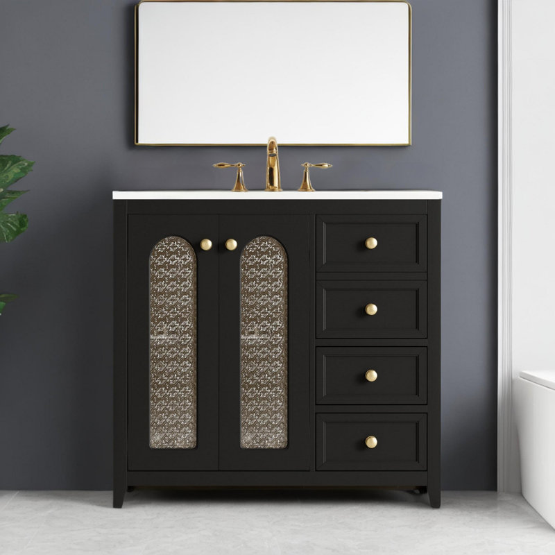 Meuble-lavabo 36 po avec deux portes à fermeture douce, tablettes réglables, Noir, noir, noir, noir