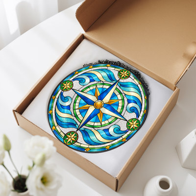 Blue And Gold Compass Rose Stained Glass Design Canvas Wall Art