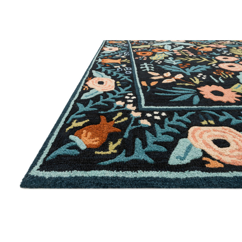 Tapis noir Rifle Paper Co. x Loloi Les Fleurs LES-01, Rectangle 5 pi x 7 pi 6 po
