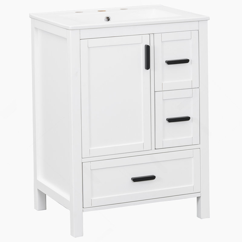 Meuble-lavabo moderne de 24 pouces avec lavabo en céramique, porte à fermeture douce, tablette de porte à double couche et 3 tiroirs